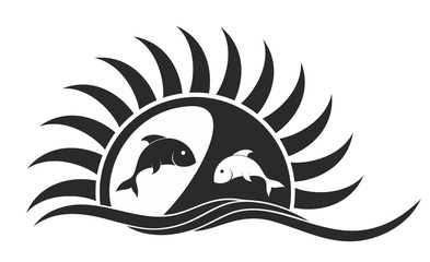 Logo of sun and sea with fishes.