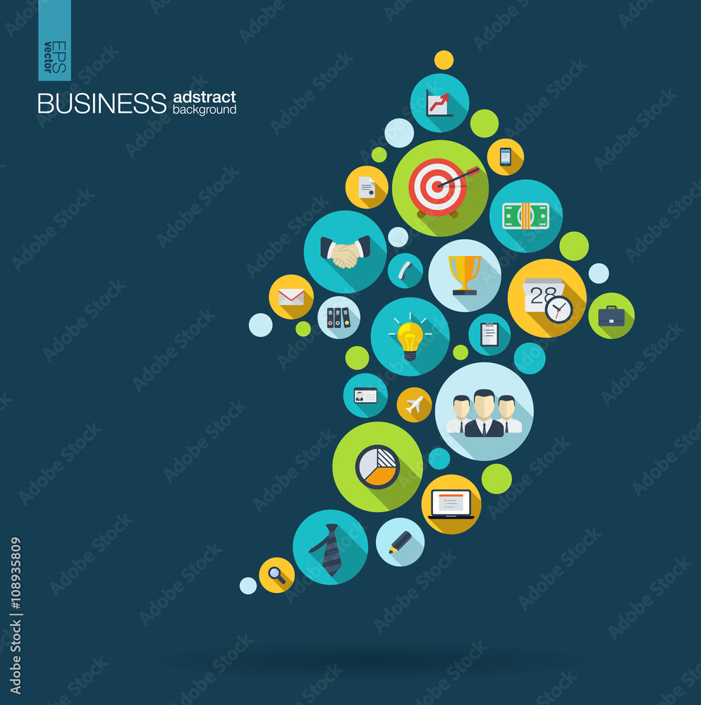 Poster color circles with flat icons in an arrow up business, marketing research, strategy, mission, analyt