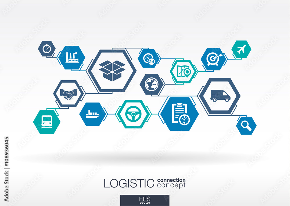 Poster logistic network. hexagon abstract background with lines, integrate flat icons. connected symbols fo