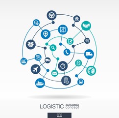 Logistic connection concept. Abstract background with integrated circles and icons for delivery, service, shipping, distribution, transport, communicate concepts. Vector interactive illustration
