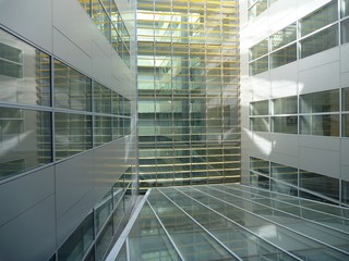 glass atrium of a modern office buildind