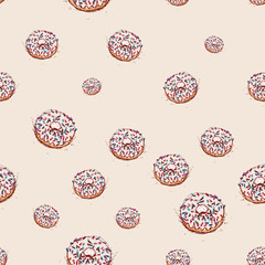 Donut with white cream Hand drawn sketch on pink background. seamless pattern vector