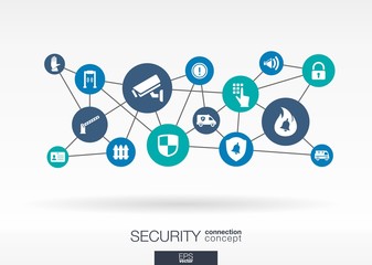 Security network. Growth abstract background with lines, circles, integrate flat icons. Connected symbols for guard, protection, monitoring, safety or control concepts. Vector interactive illustration