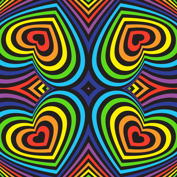 Three-dimensional volumetric seamless pattern. colorful rainbow on black background. vector