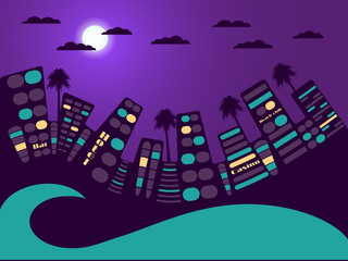 Night city landscape. Moon and cloud. Vector illustration.