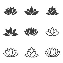 Vector black lotus icons set on white background. Lotus plant. Lotus flower