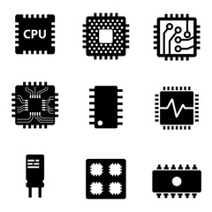 Vector black CPU microprocessor and chips icons set. Electronic chip icons on white background - 108940056