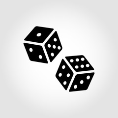 Vector black dice cubes icon on grey background. Two black dice cubes