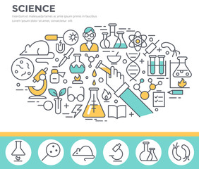 Science, laboratory glassware and science experiments  concept illustration thin line flat design