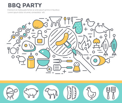 BBQ invitation concept illustration , thin line, flat design