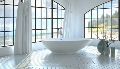 Modern minimalist white bathroom interior - obrazy, fototapety, plakaty