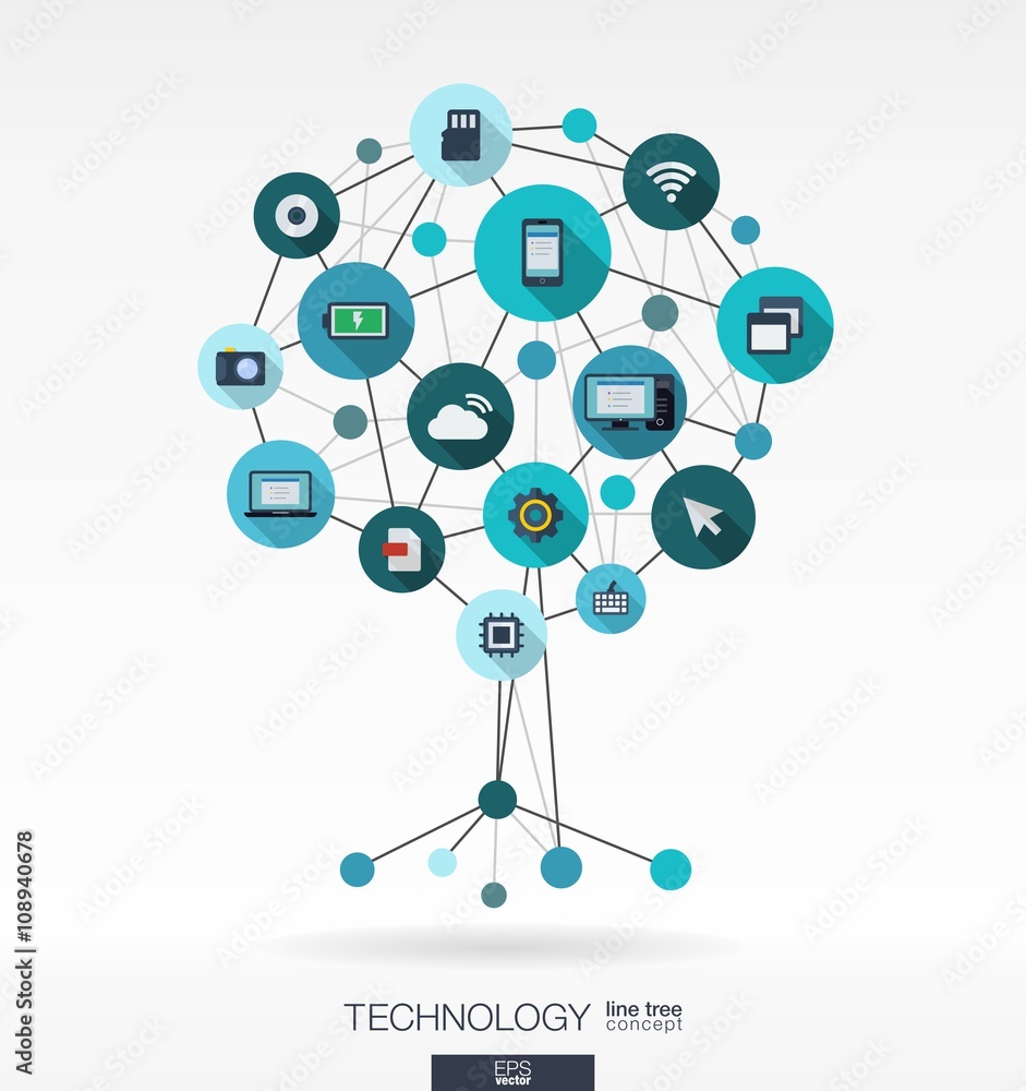 Poster abstract technology background with lines, connected circles, integrated flat icons. growth tree con