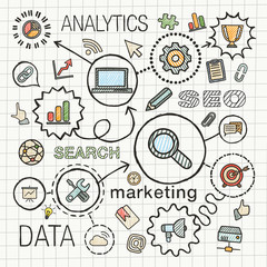 SEO hand draw integrated icons set. Vector sketch infographic illustration with line connected doodle hatch pictograms on paper, marketing, network, analytics, technology, optimize, services concepts