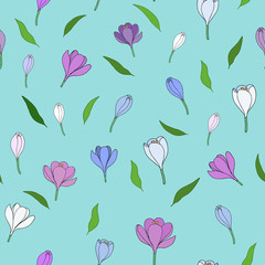 Seamless pattern with hand-drawn crocuses