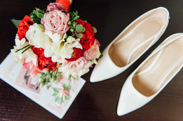 set of bridal bouquet, wedding flowers white shoes