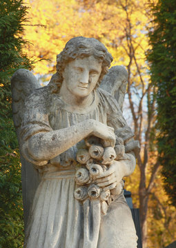 Vintage image of a sad angel on a cemetery against the backgrou