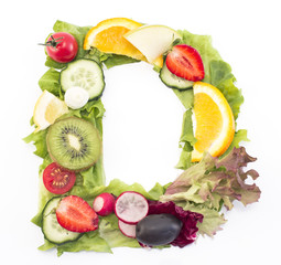 Letter D made of salad and fruits