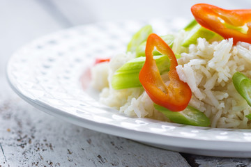Boiled rice with fresh chilli on plate