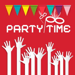 Party Time Vector Illustration with Flags and Risen Hands on Red Background