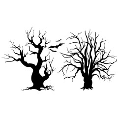 Tree silhouette with leaves on white background.