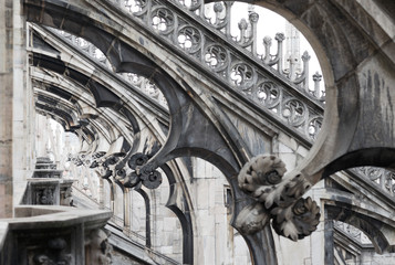 Milan cathedral roof gothic ornaments spire pointed arches statues marble
