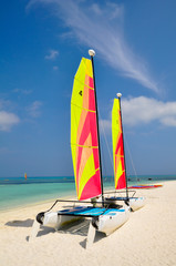 Colorful Sailing boat on the Tropical Beach at  Maldives.