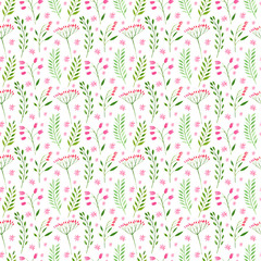 Floral seamless pattern.Green branches and pink bluebells.Watercolor hand drawn illustration.Pattern for fabric, paper and other printing and web projects.