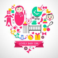 Newborn baby girl icons set