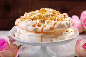 meringue cake with fresh maracuja and caramel