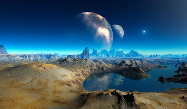 double moon above Crater Landscape on alien Planet.