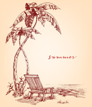 Summer sketch. Palm trees and sunbed on the beach