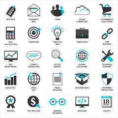 Set of flat design icons for Seo and Development, isolated on white