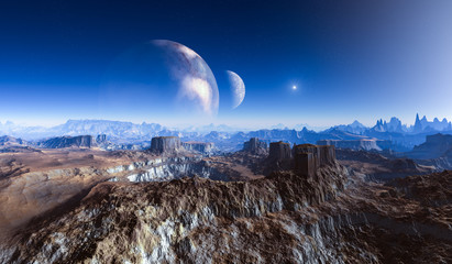 Obraz premium double moon above Crater Landscape on alien Planet.