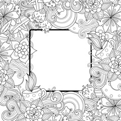 Floral hand drawn zentangle frame. Doodle flowers and leaves decorative border.