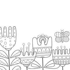 Doodle flowers and leaves invitation card..Template flowers frame design for card. Decorative hand drawn vector element border.