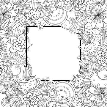 Floral hand drawn zentangle frame. Doodle flowers and leaves decorative border.