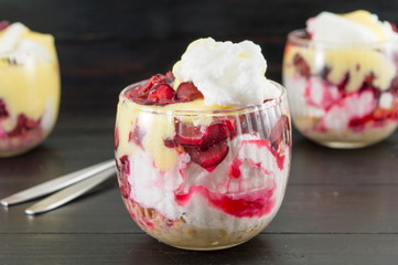 Homemade granola parfait with cherries and cream