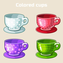 cartoon colorful tea and coffee cups. Set of food and drink