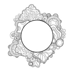 Abstract hand drawn zentangle style round vector frame. Doodle art decorative border.