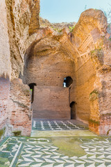 Picturesque view on old Undressing rooms( or Apodyterium ) in the ruins of ancient Roman Baths of Caracalla (Thermae Antoninianae) at summer sunny day.Built between AD 212 and 217. Rome. Italy. Europe