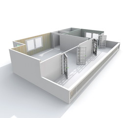 3d interior perspective view rendering of empty apartment with terrace