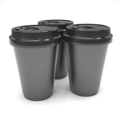 Three paper coffee cups on white. 3d rendering.