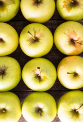Sunshine close up photo on apples in a wooden crate