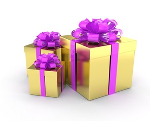 three gift boxes with bows isolated on white. 3d rendering.