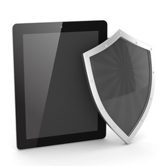 Tablet PC and shield on white device security concept. 3d rendering.