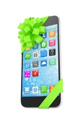 Black phone with green bow and icons. 3D rendering.