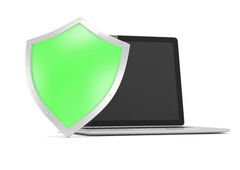 Laptop and shield on white, computer security concept. 3d rendering.