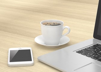 Laptop smartphone and coffee cup on wood. 3d rendering.