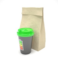 Coffee to go and lunch bag, on white. 3d rendering.