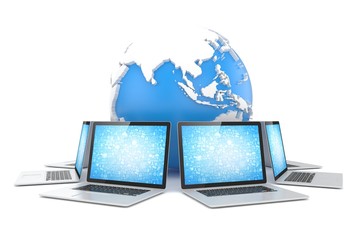 Laptop network around earth globe. 3d render